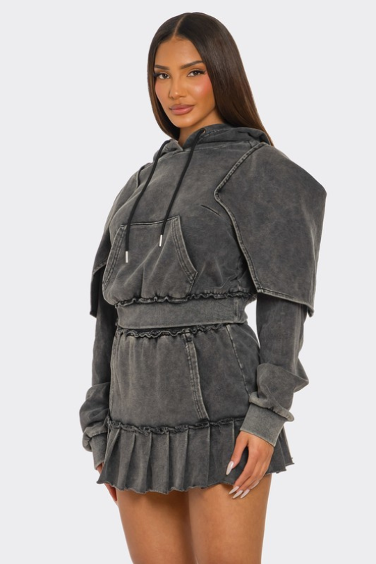 Street Luxe Hooded Long Sleeve Mini Skirt Set
