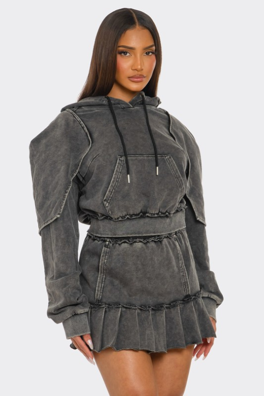 Street Luxe Hooded Long Sleeve Mini Skirt Set