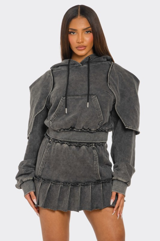 Street Luxe Hooded Long Sleeve Mini Skirt Set