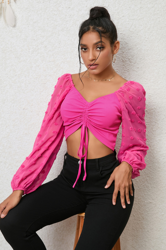 Hot Pink Swiss Dot Drawstring Cropped Blouse