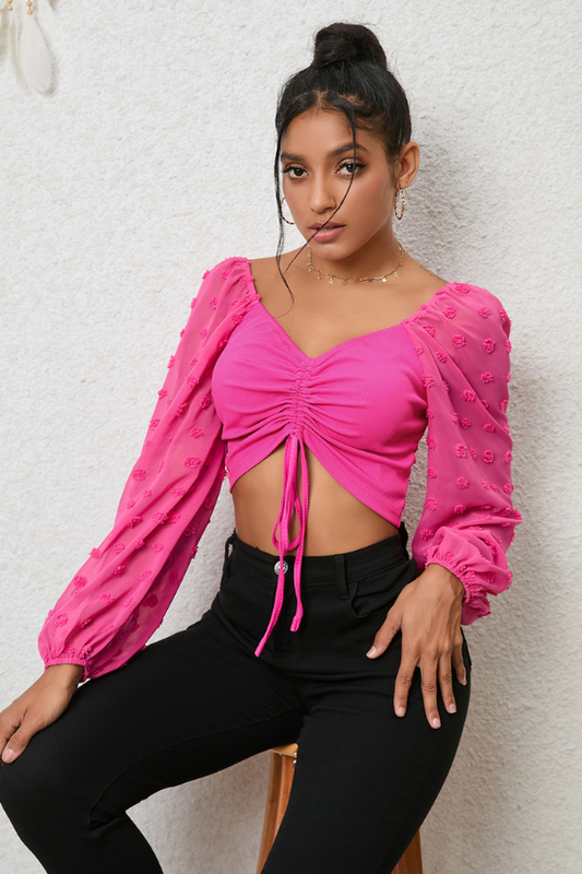 Hot Pink Swiss Dot Drawstring Cropped Blouse