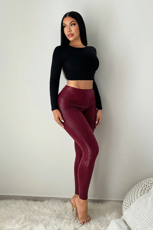 Burgundy Animal Print High Waist Skinny Leggings