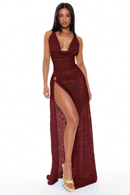 Women's Sexy Lace Draped Thigh Split Maxi Cover Up Dress