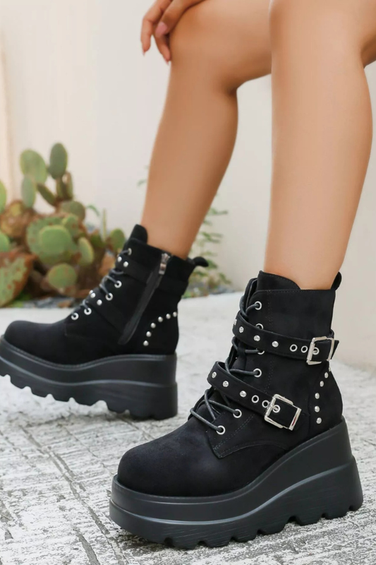 Women's Lace Up Double Platform Wedge Boots