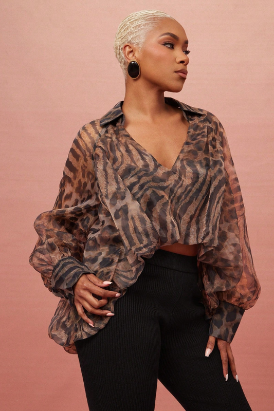 Women's Sheer Safari Print Long Sleeve Blouse