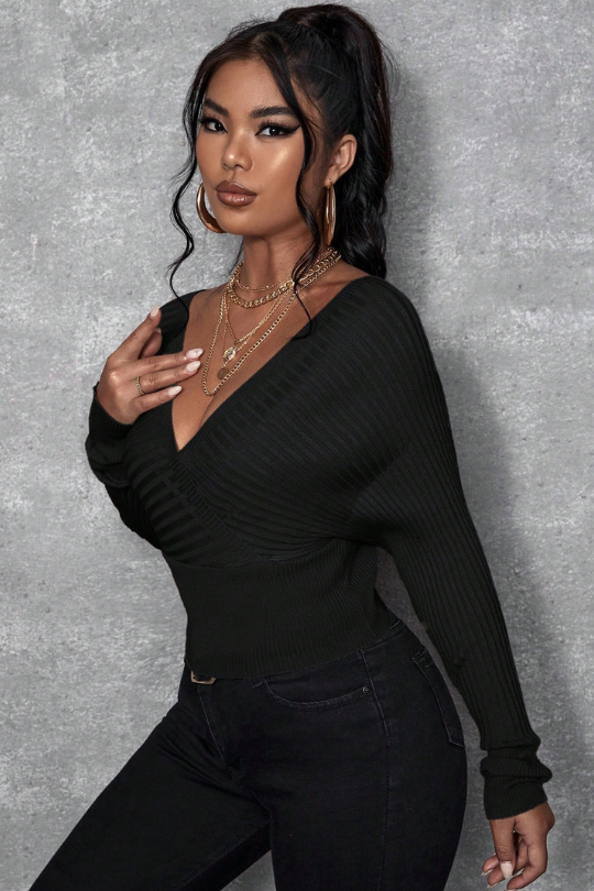 Women's Off Shoulder Long Sleeve Cropped Slim Fit Sweater