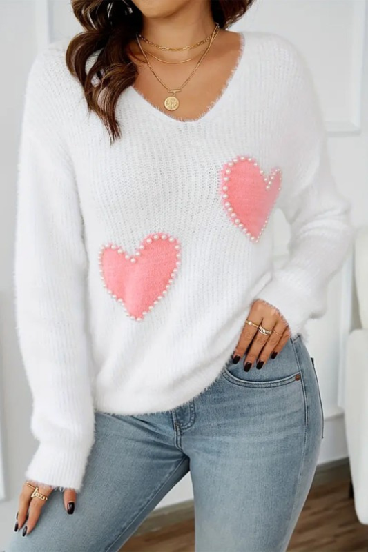 Fuzzy Beaded Heart Pattern V Neck Sweater