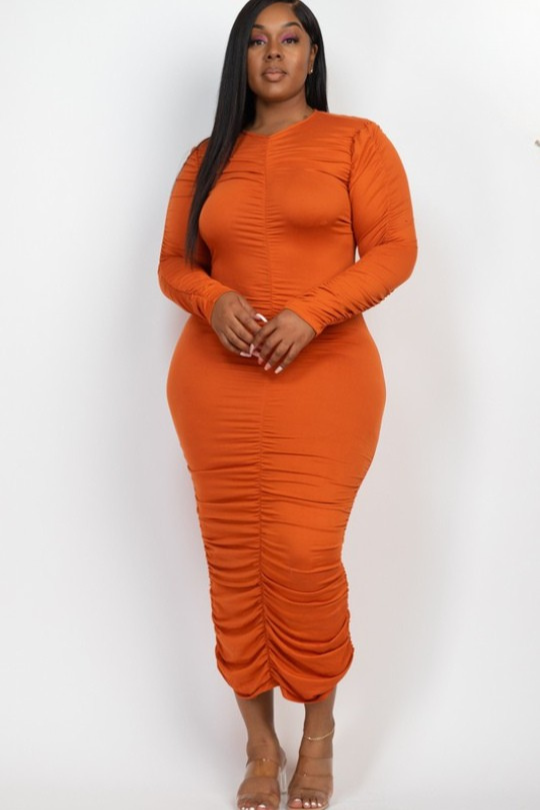 Plus Size Ruched Long Sleeve Midi Dress