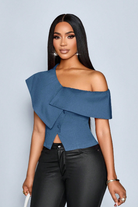 The Asymmetrical Off-Shoulder Button Blouse