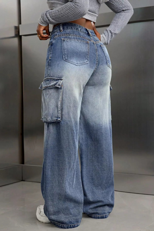 Wide Leg Cargo Pocket Denim Jeans