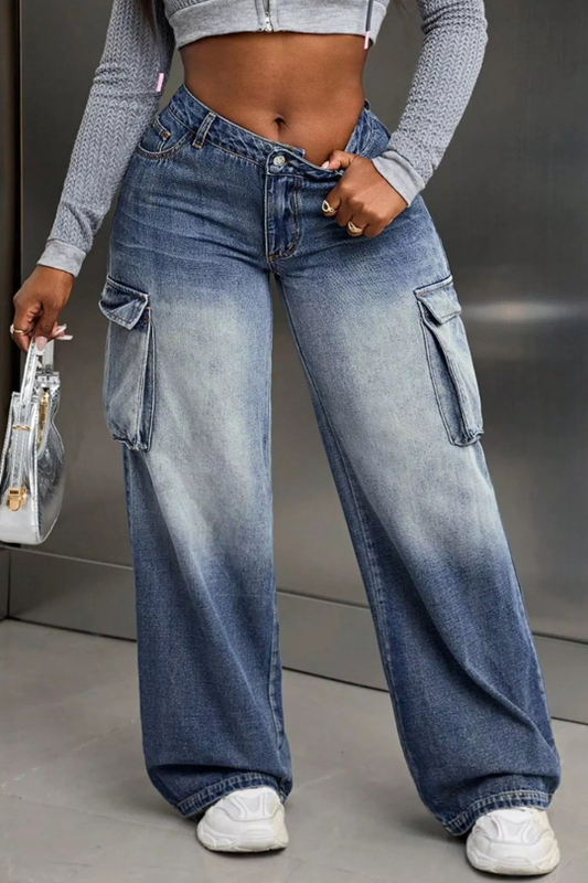 Wide Leg Cargo Pocket Denim Jeans