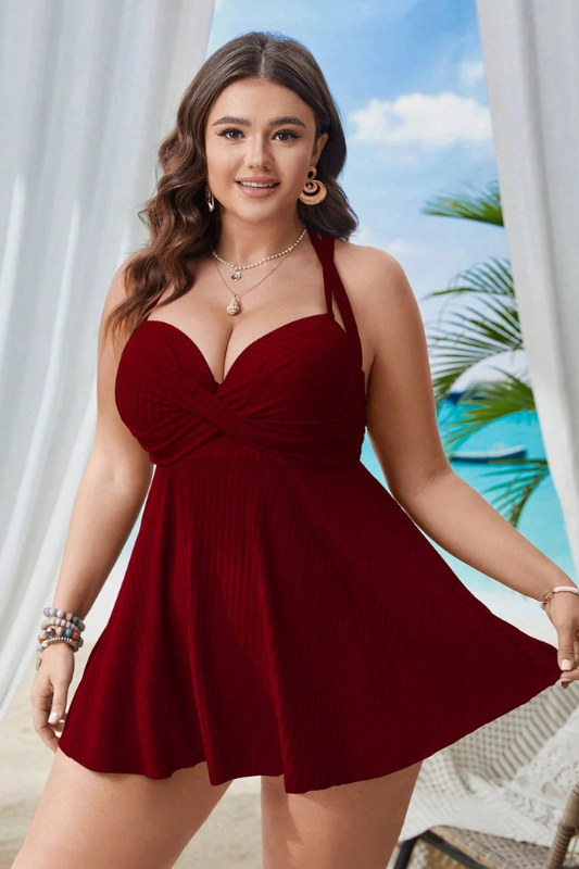 Plus Size Criss-Cross Back Halter Swim Dress