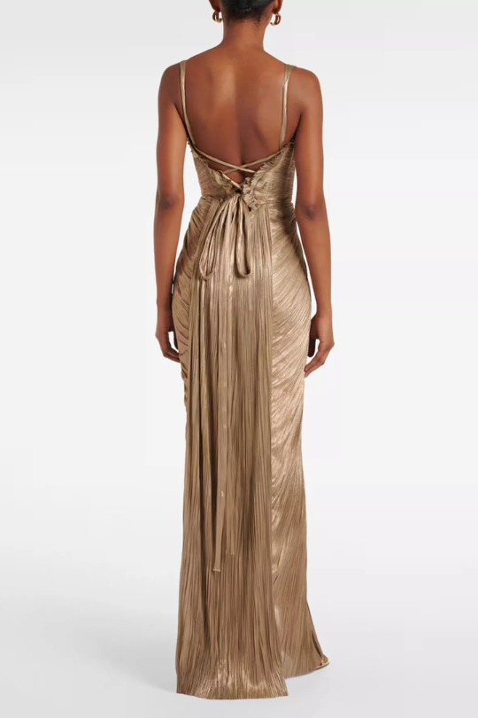 Metallic Pleated Corset Maxi Dress