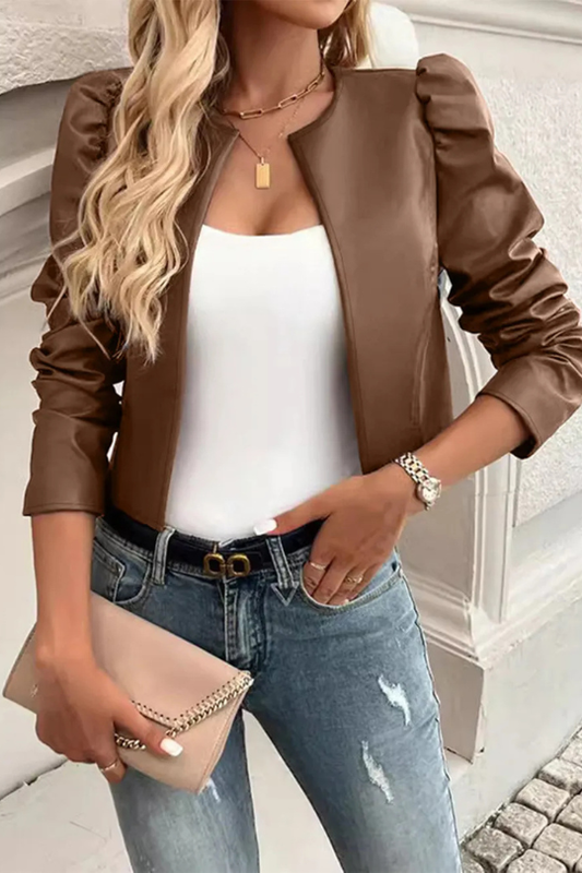 1 chaqueta de cuero sintético con mangas abullonadas y abertura frontal