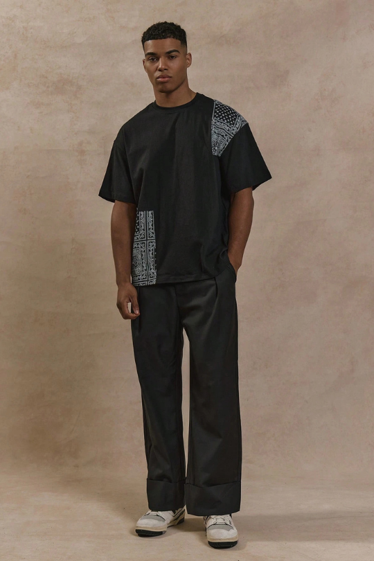 Men’s Black Paisley Patchwork Relaxed Tee