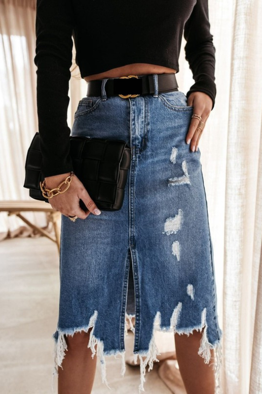 Women's Edge Distressed denim Midi Skirt