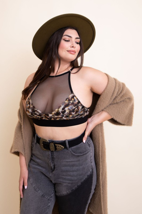 Bralette de cuello alto con estampado de malla de talla grande