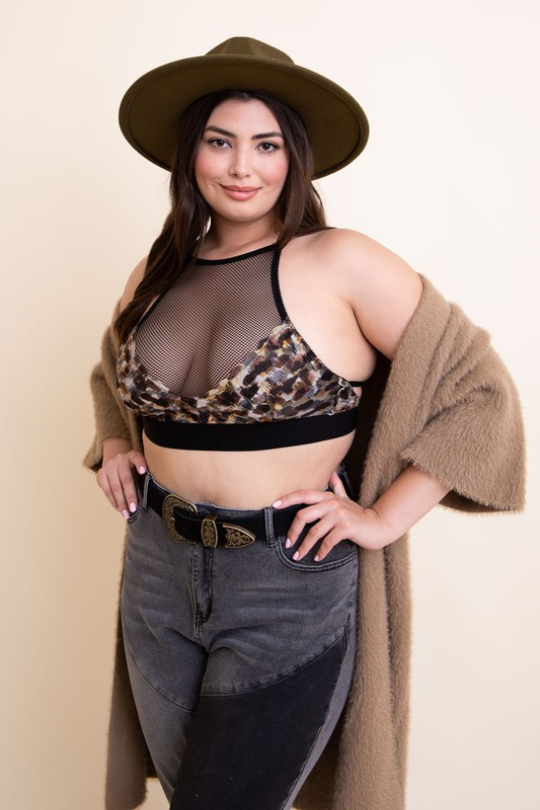Bralette de cuello alto con estampado de malla de talla grande