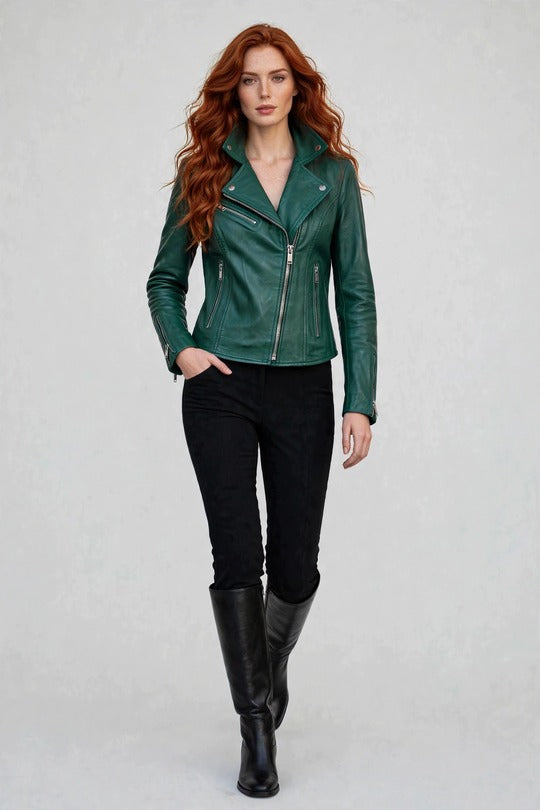Women's Green Lambskin Leather Biker Jacket