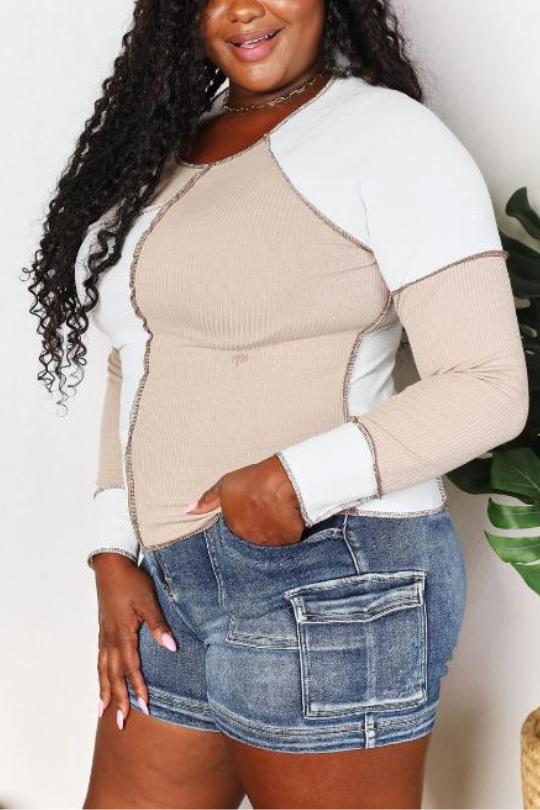 Stone Color Block Exposed Stitch Top