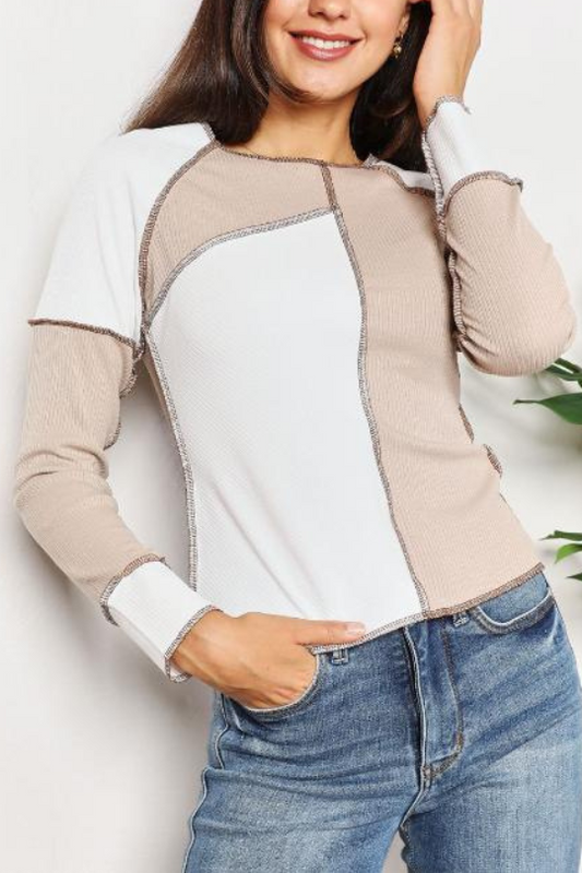 Stone Color Block Exposed Stitch Top
