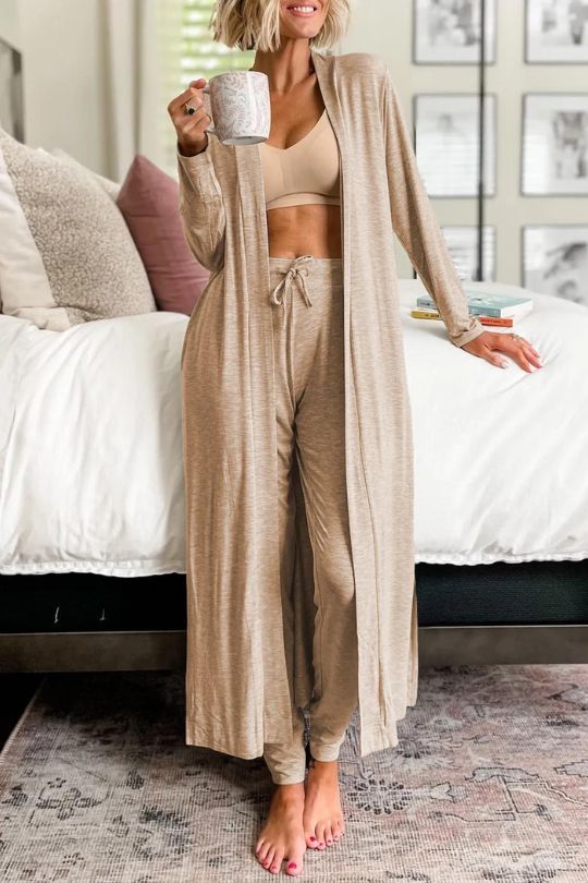 Open Long Sleeve Robe & Pant Lounge Set