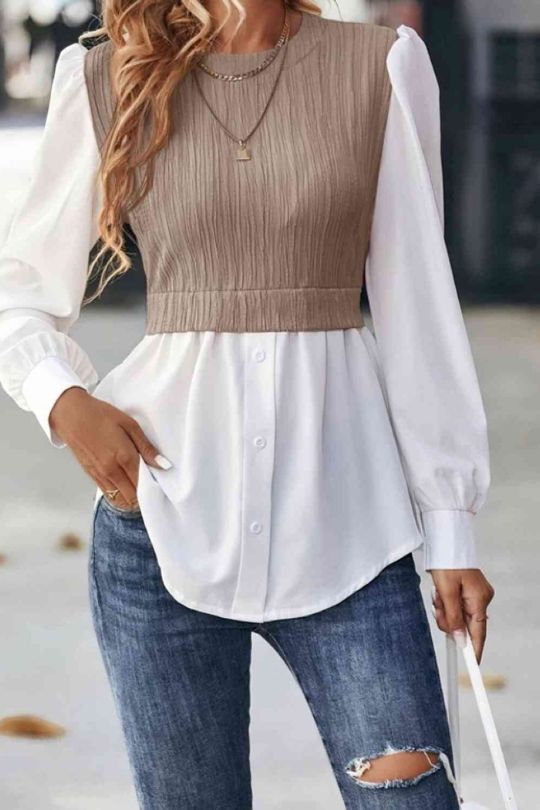 Women's Round Neck Crop Blouse and Sweater