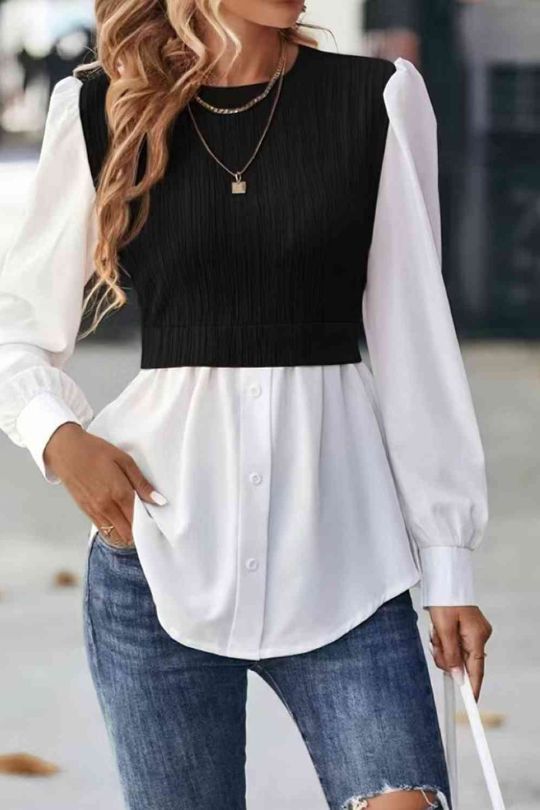 Women's Round Neck Crop Blouse and Sweater