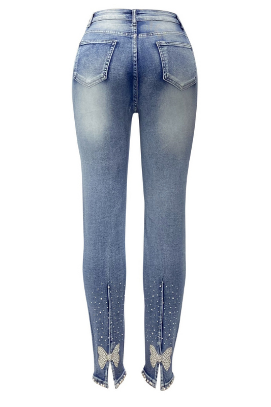 Cuff Butterfly Rhinestone Skinny Jeans