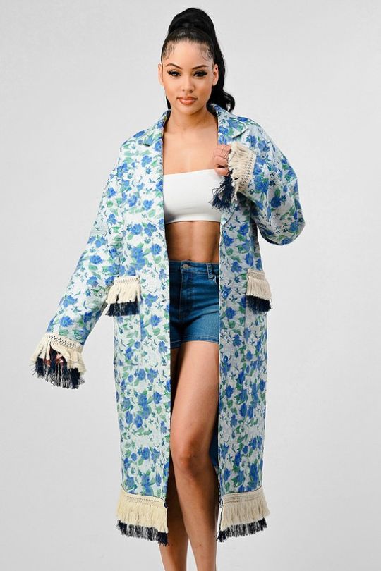 Oversized Floral Tassel Trench Jacket