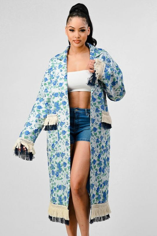 Oversized Floral Tassel Trench Jacket