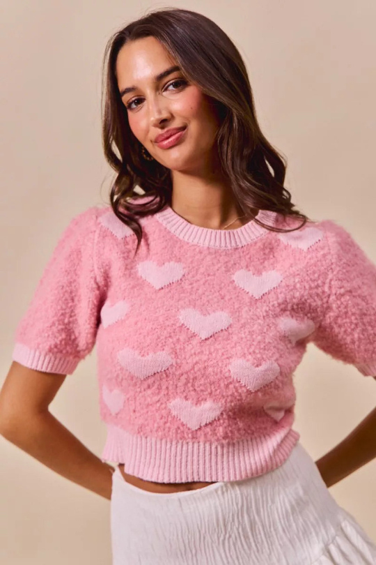 Pink Hearts All Over Cropped Sweater