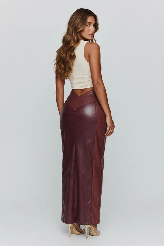 Vesper Merlot Faux Leather Maxi Skirt