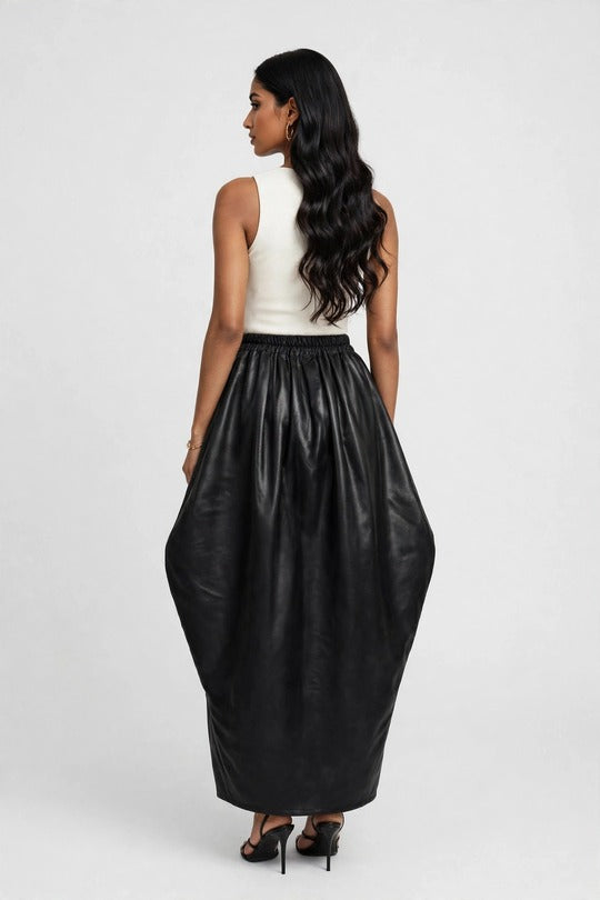 Midnight Lantern Pleated Faux Leather Maxi Skirt