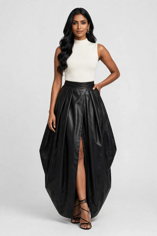 Midnight Lantern Pleated Faux Leather Maxi Skirt