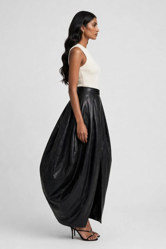 Midnight Lantern Pleated Faux Leather Maxi Skirt