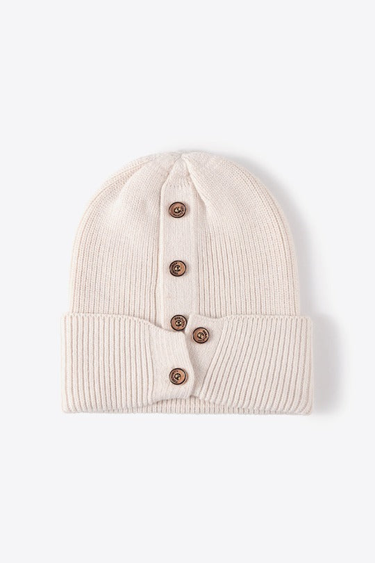 Button Detail Rib-Knit Cuff Beanie Hat