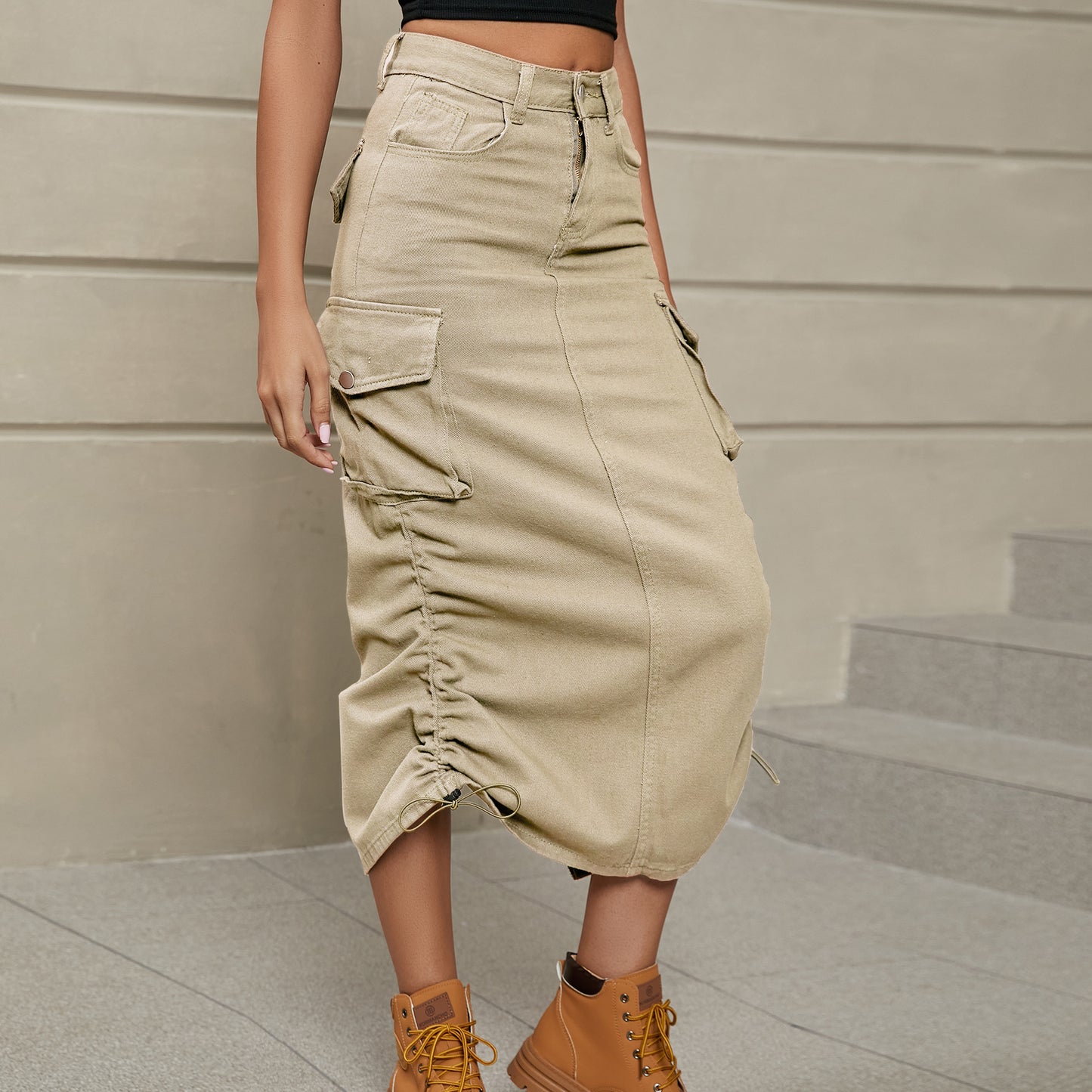 Ruched Drawstring Denim Midi Skirt