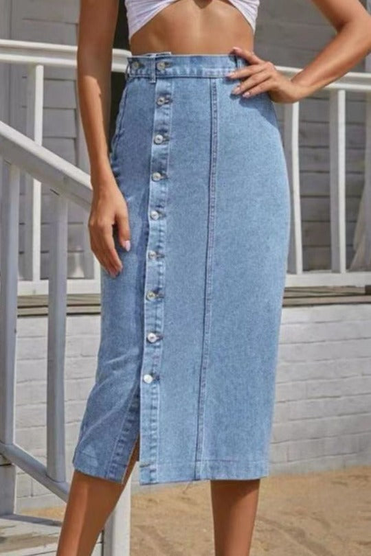 Denim Buttoned Split Midi Skirt