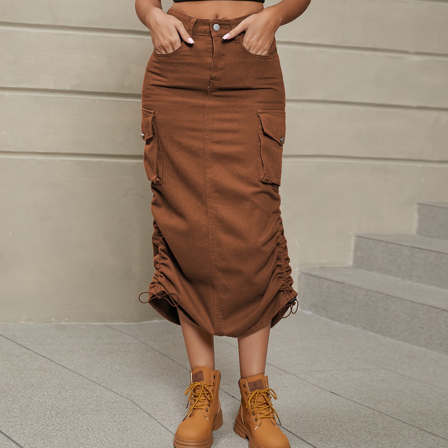 Ruched Drawstring Denim Midi Skirt