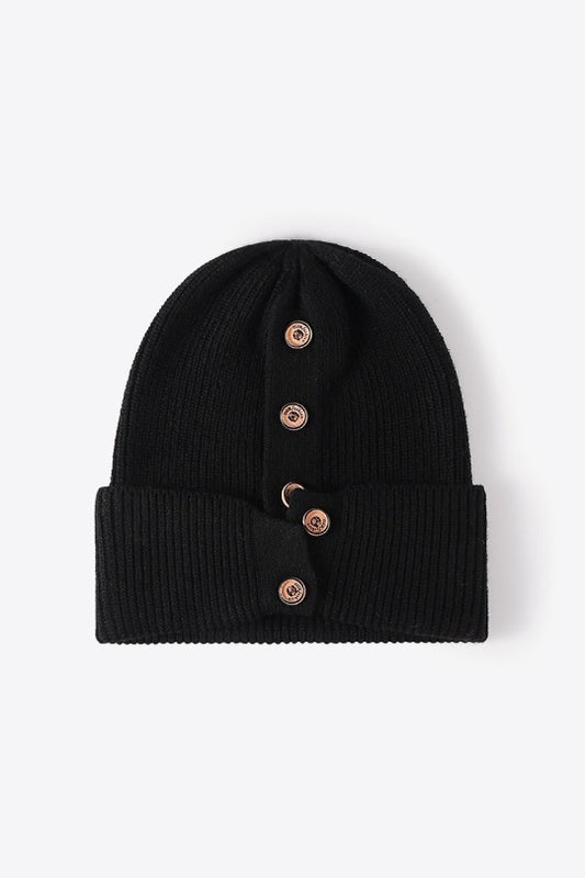 Button Detail Rib-Knit Cuff Beanie Hat