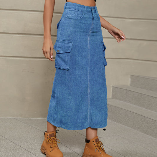 Ruched Drawstring Denim Midi Skirt