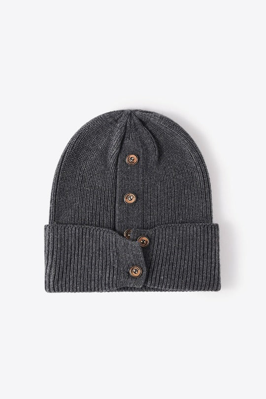 Button Detail Rib-Knit Cuff Beanie Hat