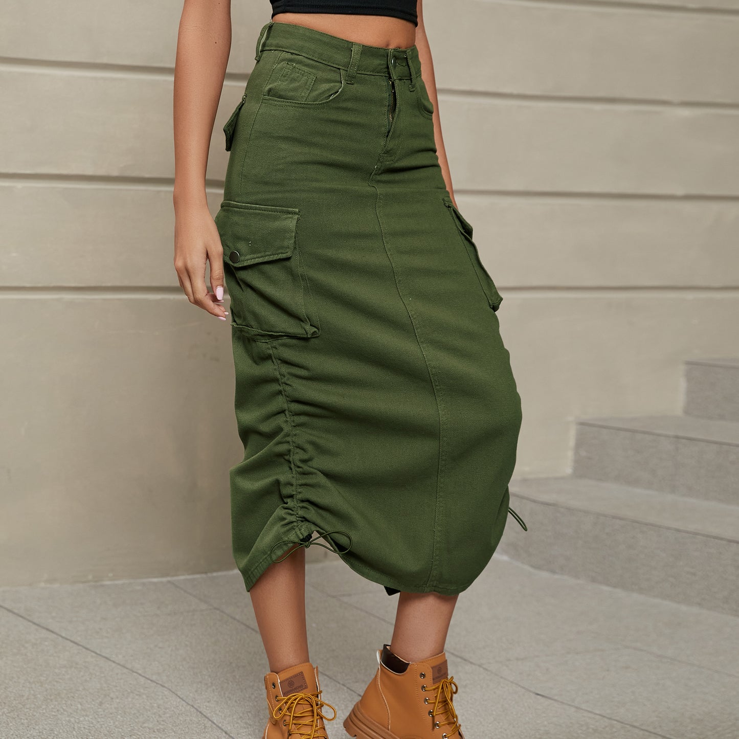 Ruched Drawstring Denim Midi Skirt