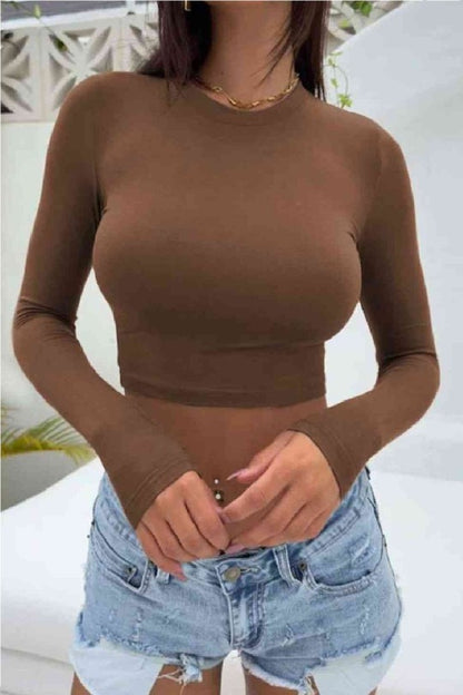 Cropped Round Neck Long Sleeve Top