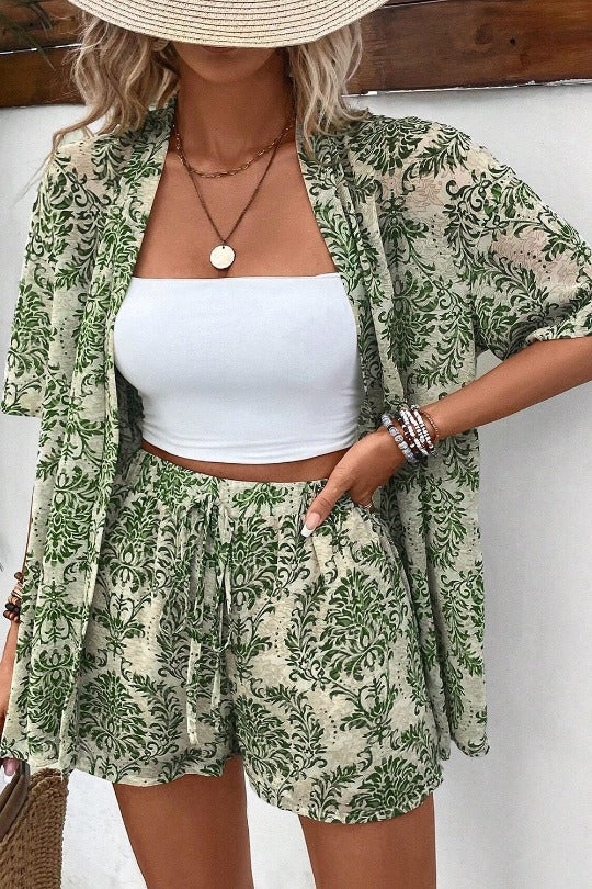 Women's Printed Open Front Top and Shorts Set