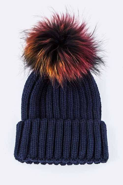 1 Mix Color Raccoon Fur Pom Pom Beanie