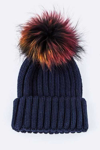 1 Mix Color Raccoon Fur Pom Pom Beanie