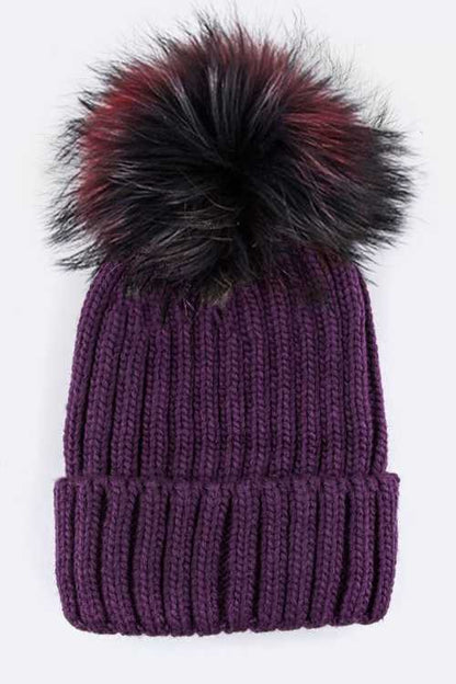 1 Mix Color Raccoon Fur Pom Pom Beanie