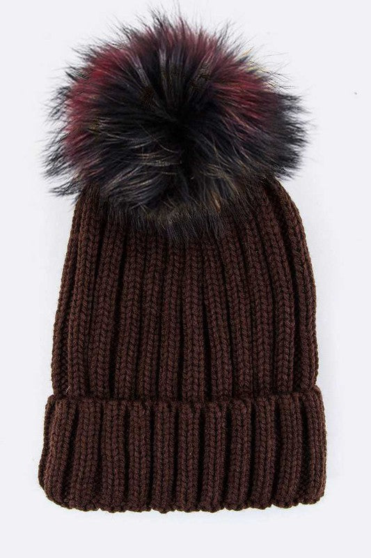 1 Mix Color Raccoon Fur Pom Pom Beanie